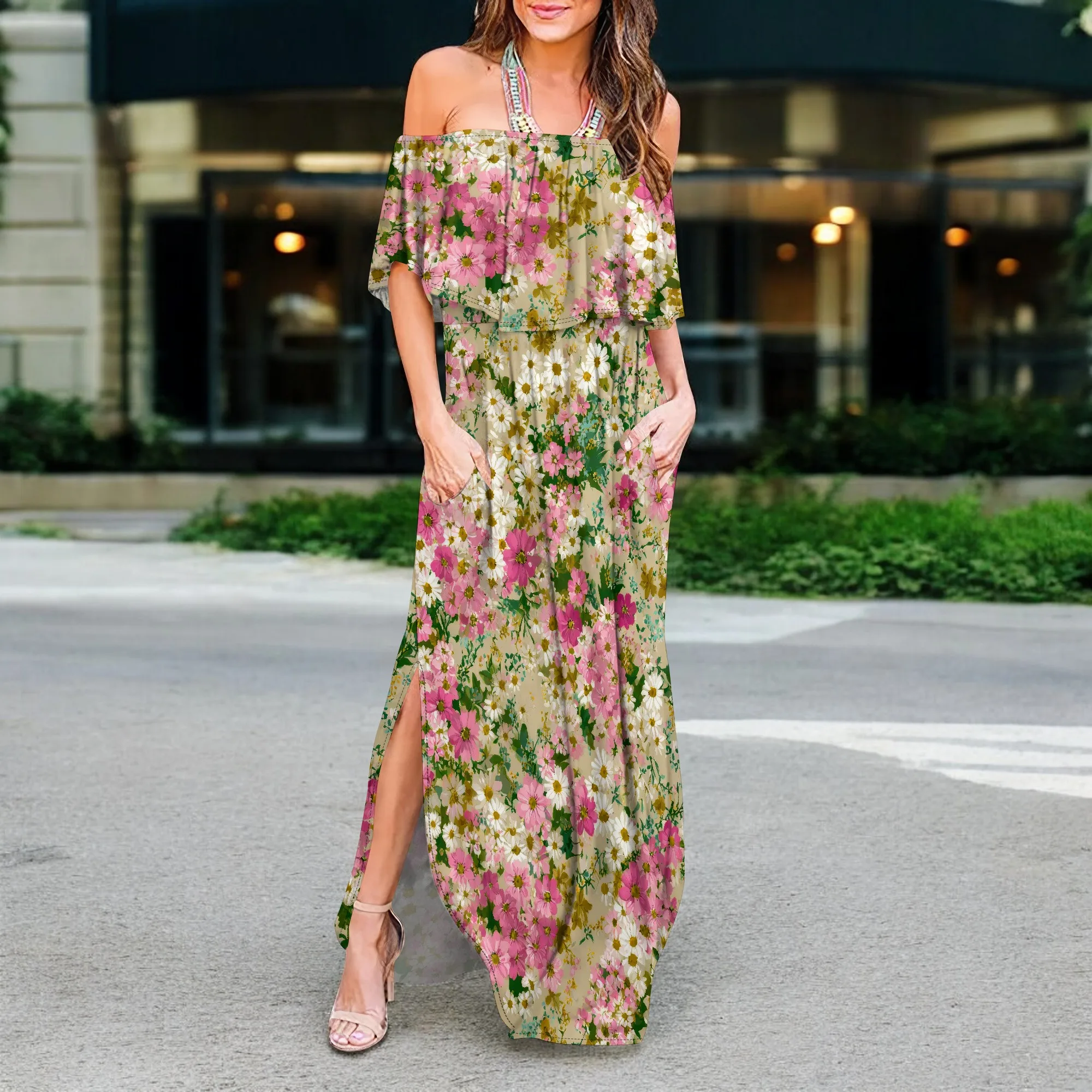 ผู้หญิงปิดไหล่ Ruffle Party Dresses ด้านข้างแยก Beach Maxi Dress