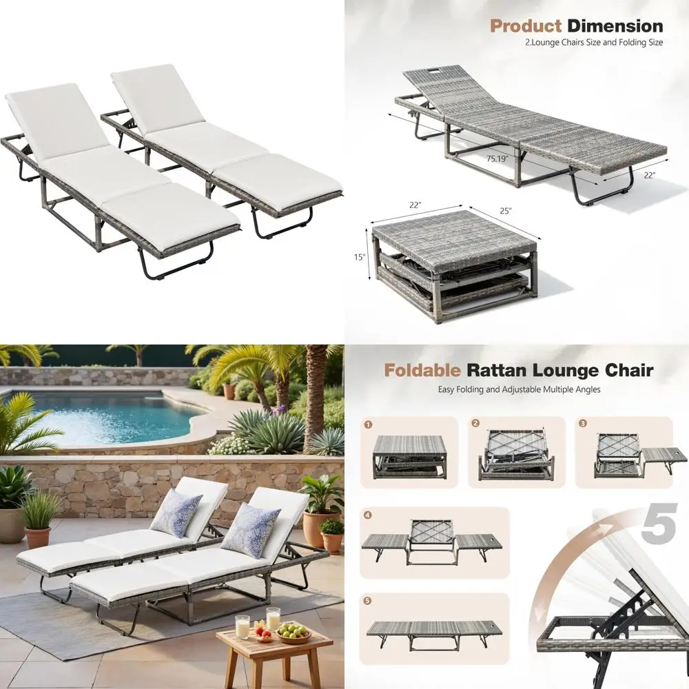 كراسي صالة الروطان القابلة للطي مكونة من قطعتين، كراسي فناء بمسند ظهر قابلة للتعديل بـ 5 زوايا للشاطئ، للاسترخاء على جانب حمام السباحة