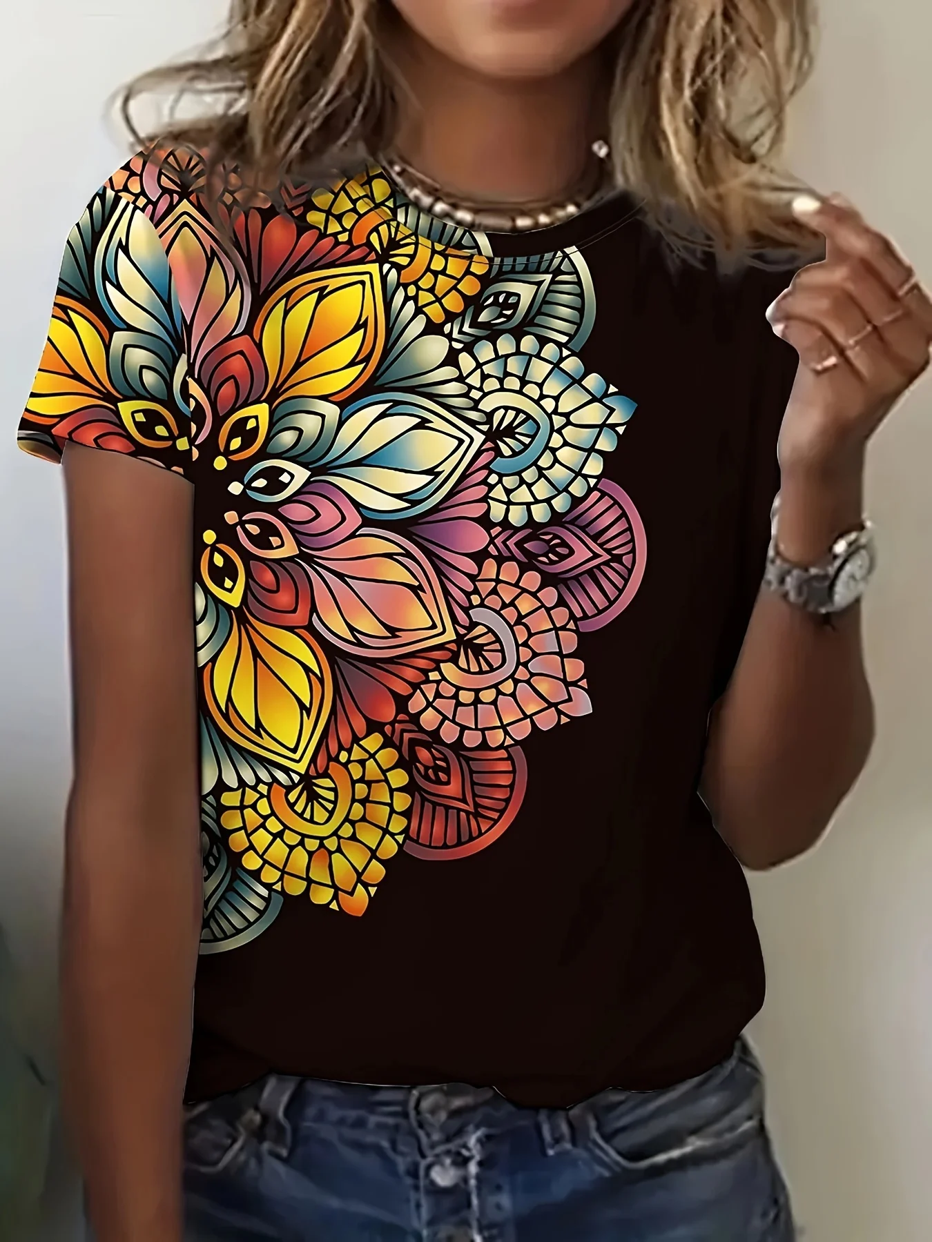 Women's Tee - Colorful Mandala Flower Graphic, Intricate Boho Pattern Design for Casual Daily Wear
