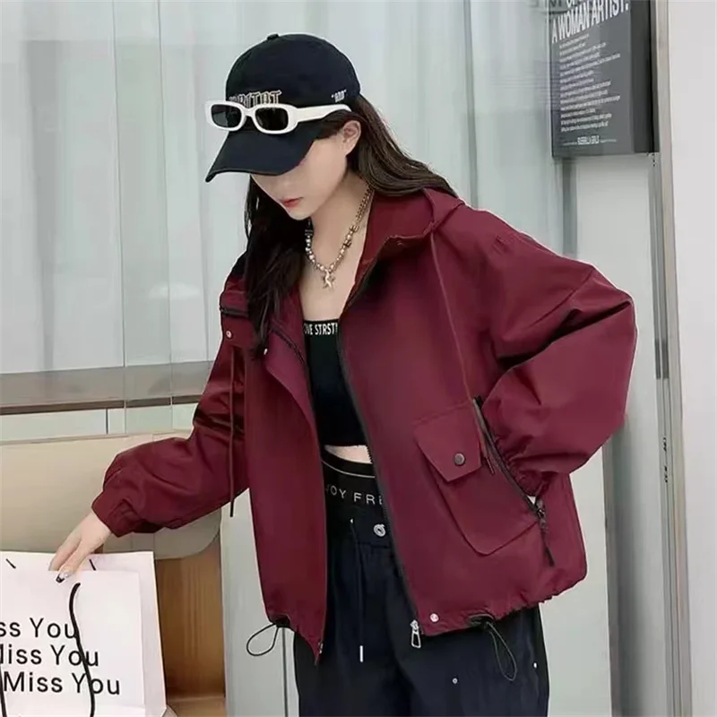 

Hooded Windbreaker Jacket Women 2024New Spring Autumn Coat Ladies Work Clothes Short Outwear Loose Casual Joker Outcoat Lady Top