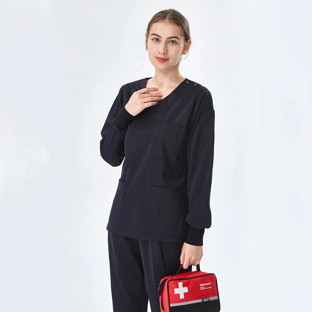 Uniformes de gommage médical pour femmes et hommes, Uniforme à manches longues, haut et pantalon noirs, vêtements de travail d\'hôpital, tenue de