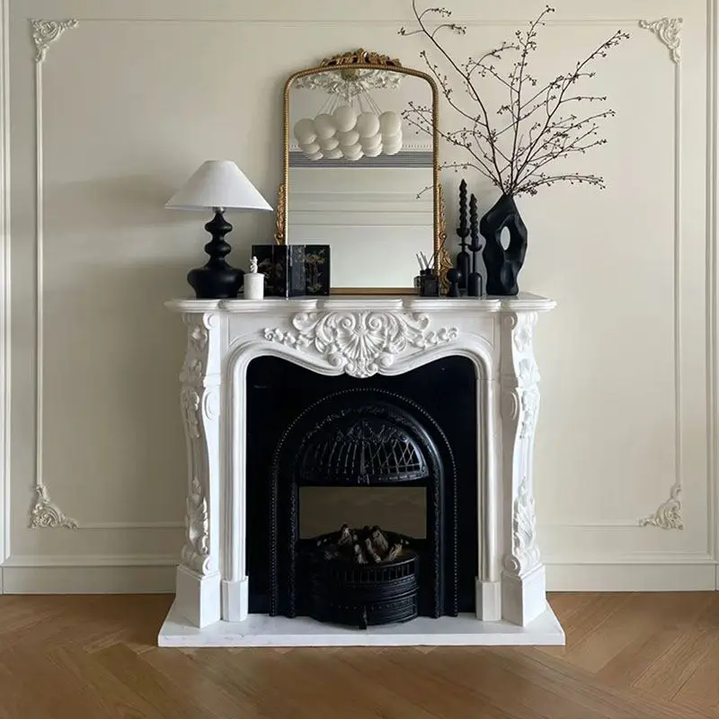 Marble French fireplace living room villa decorative cabinet American European style fireplace white jade stone mantel