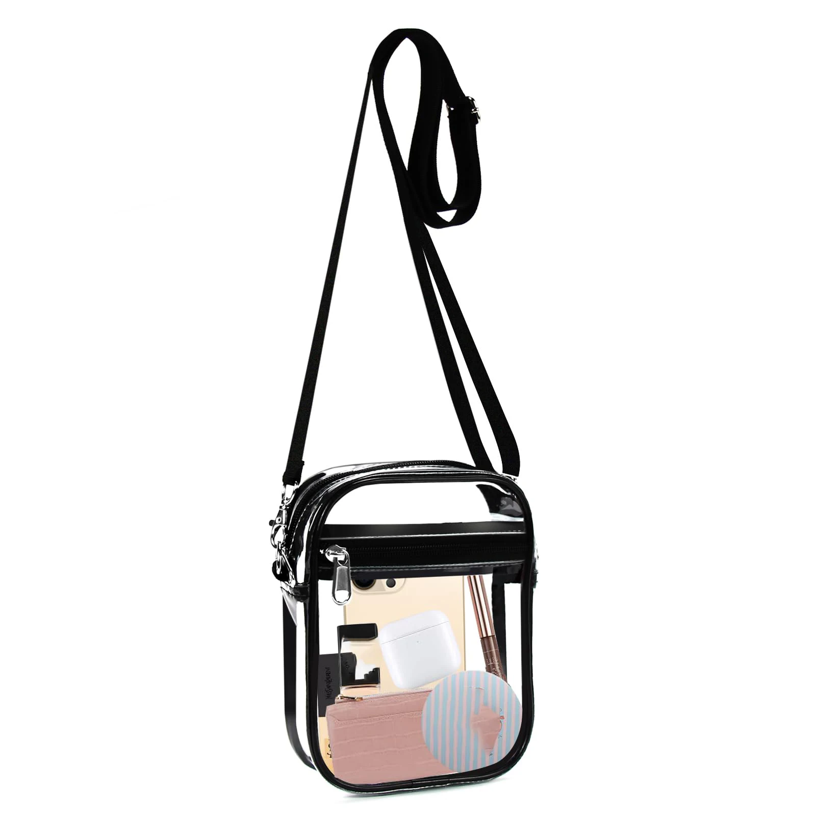 19.99*14.2*4.5 Black Pvc Transparent Crossbody Bag, Stadium-Approved Clear Bag with Front Pocket for Concerts, Sports Events, Festivals - Suitable for Outdoor Fashion Travel Parties