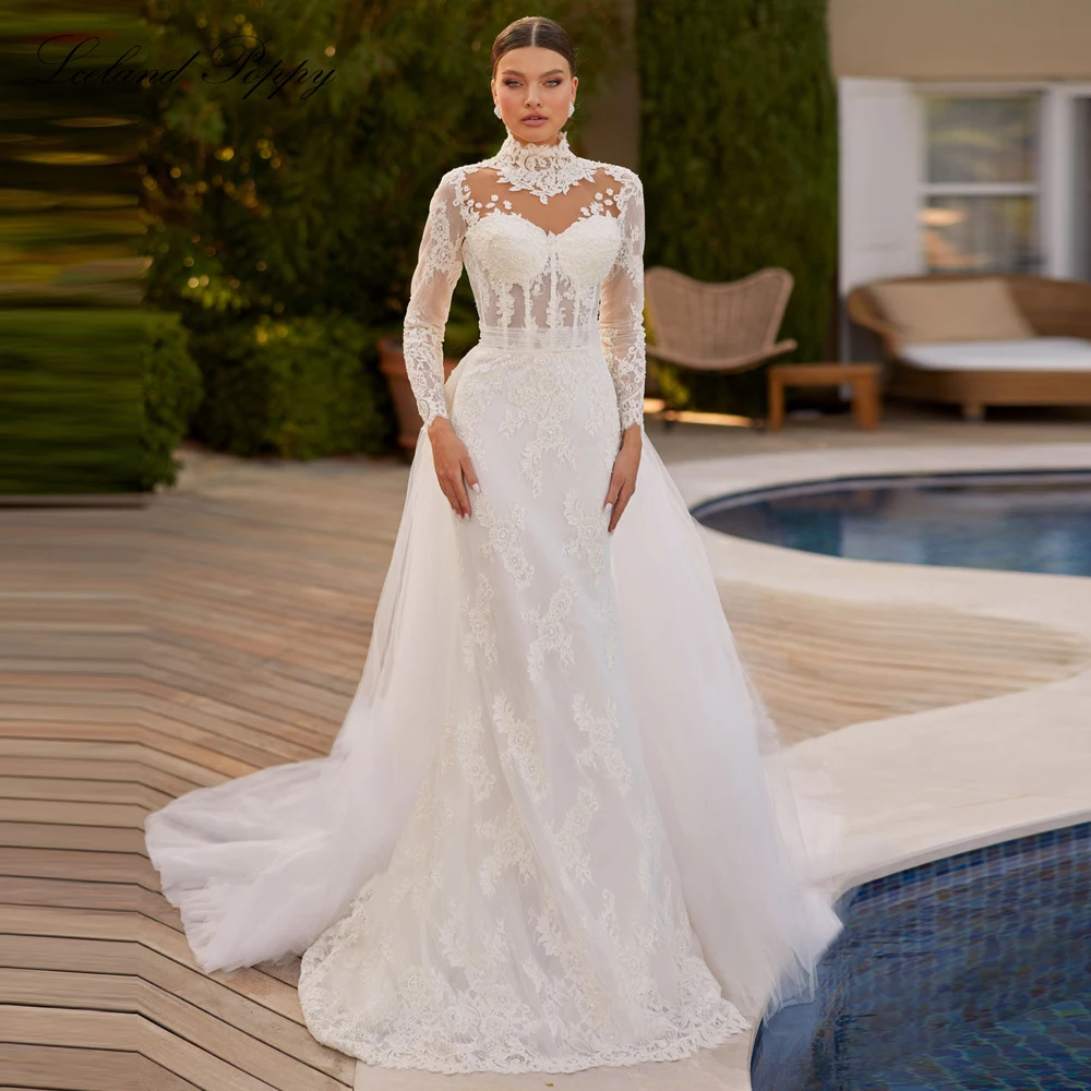 Lceland Poppy Customized 2 Pieces Mermaid Wedding Dresses Full Sleeves High Neck Lace Bridal Gowns with Detachable Train