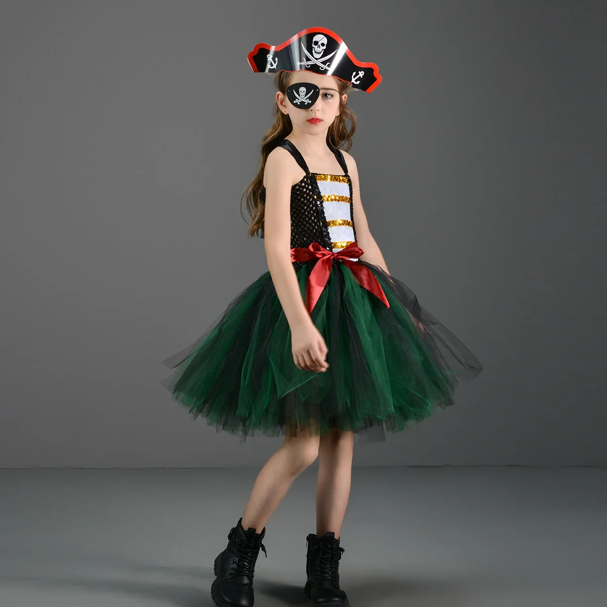 Halloween-Tutu-Kleid aus rot-grünem Tüll, kontrastierender Netzrock, mehrlagiges, flauschiges Tutu-Outfit, leichte, voluminöse Netzunterseite