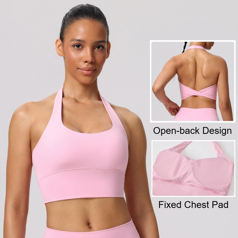 Women's High Support Sports Strappy Bra Yoga Gym Top Backless Halter Fitness Workout Underwear for Running Exercise Active Wear