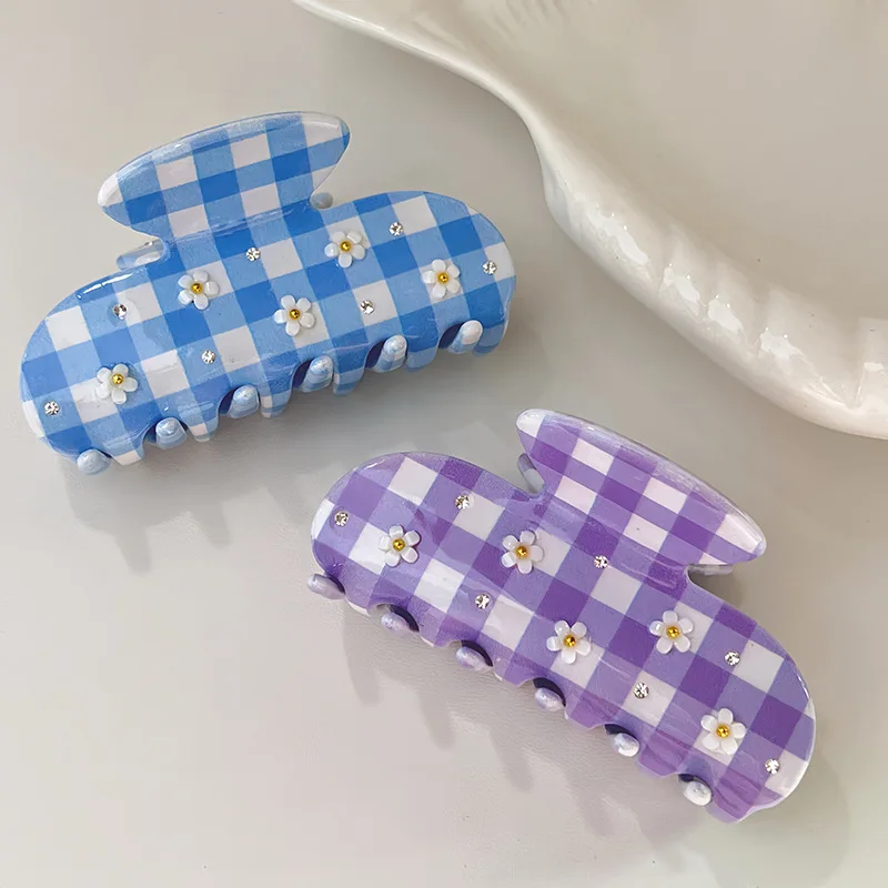 Fashion Minimalist Checkered Floral Hair Claw For Sweet Girls High-Quality Rhinestones-Inlaid Acetate Shark Clip & Ponytail Clip