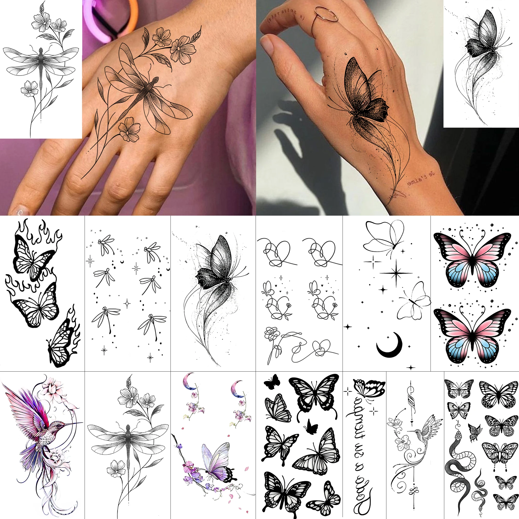 1 Sheet Ink Butterfly Dragonfly Temporary Tattoos For Adult Hands Neck, Fake Tattoo Stickers Realistic Tatoo Long Last Daily Use