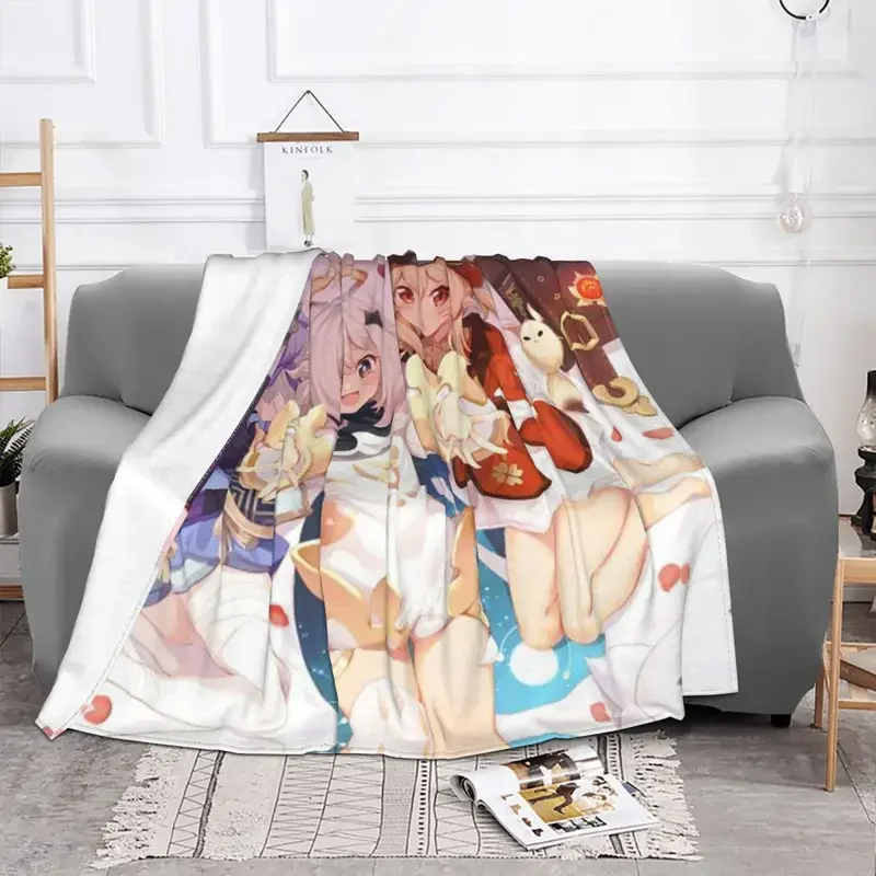 Genshin blow Qiqi Paimon Klee blanket cover Anime cute flannel throw blanket bed sofa personalized soft warm bed cover