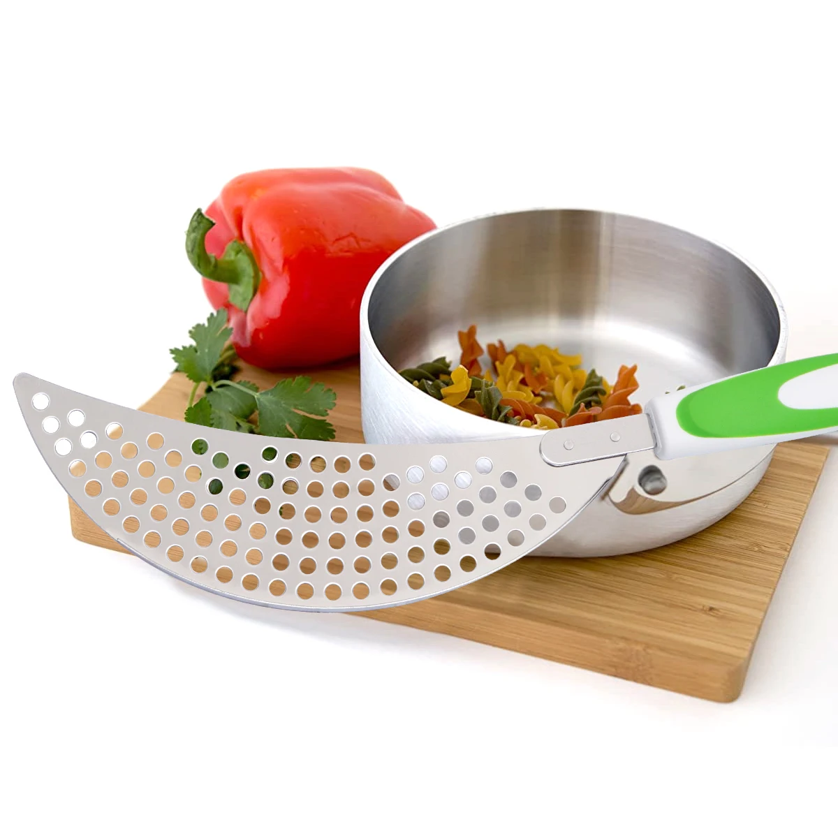 

Pot Strainer Stainless Steel Pan Drainer Plastic Handle For Pasta Rice Draining Kitchen Tool Space Saving Hanging Design Green