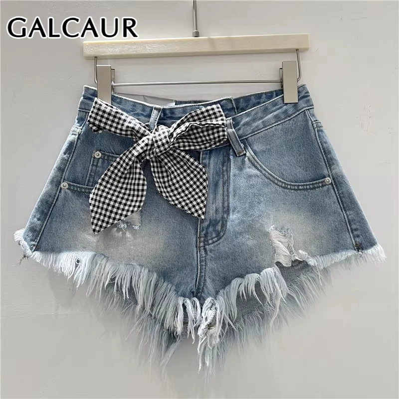 

GALCAUR Solid Slimming Spliced Ripped Fashion Shorts for Women High Waist Patchwork Bow Fashion Short Female Clothing Style New
