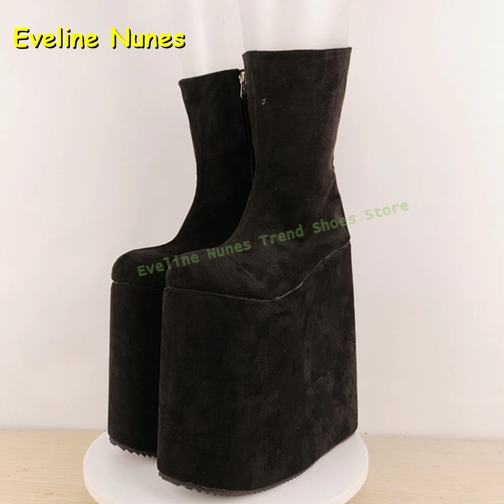 Black Faux Suede Mid-Calf Boots Round Toe Height Increase Solid Pull On Punk Cosplay Y2K Cool Dark Style Knee High Boots Summer view 5