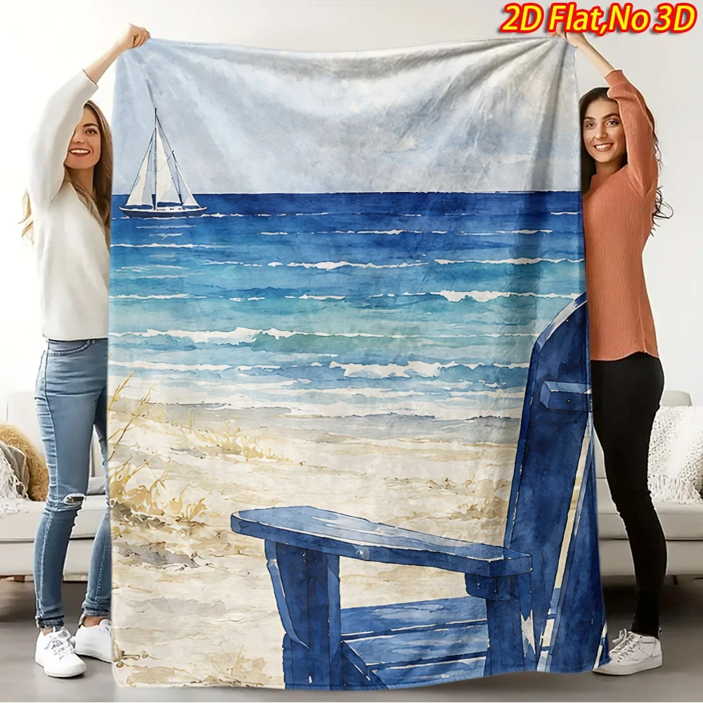 1pc 2D Flat Printing Spring And Summer New Arrival Beach Blue Chair Straw Hat Sail Watercolor Landscape Digital Print Blanket, A