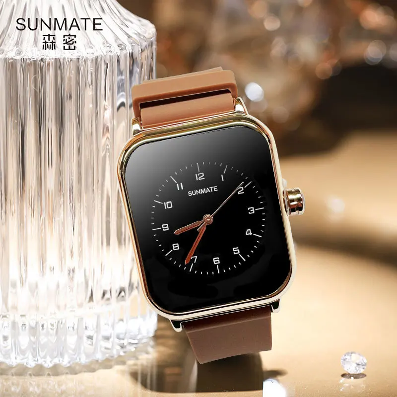 SUNMATE Nordic Style Rectangular Simple Fashion Women's Watch Japanese Quartz Movement Stylish Leather Strap with Free Watch Box