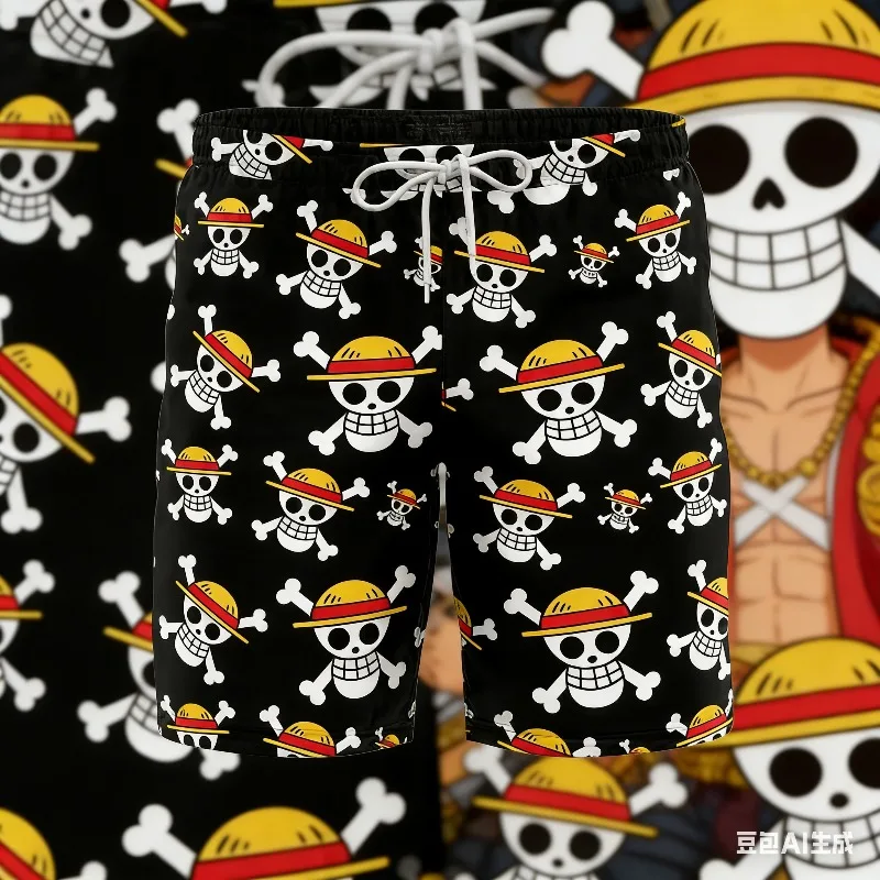 Luffy One Piece Boardshorts für Erwachsene und Kinder, Badehose mit Kordelzugtaschen, schnell trocknende Shorts mit Anime-Aufdruck für Fitness-Workout