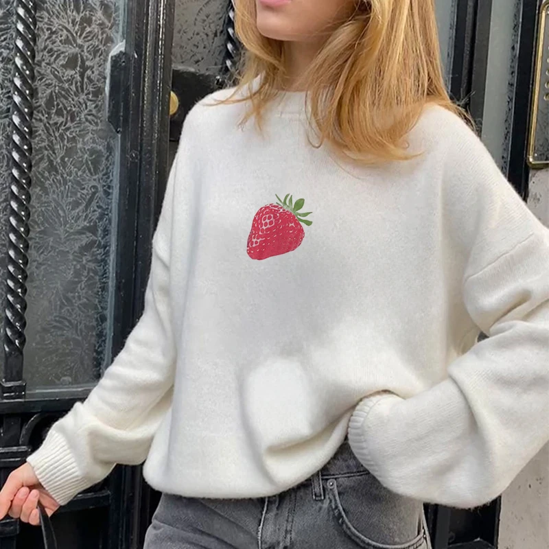 Winter Lazy Style Strawberry Pattern Print Loose O Neck Sweaters Y2k Women Long Sleeve Knit Pullovers Couple Fashion New Sweater