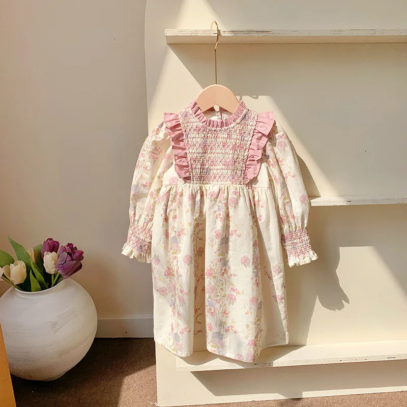 

French Stand Collar Smocking Long Sleeve Girl Dress2024Autumn Korean Style Floral Elegant Children's Princess Dress Wholesale