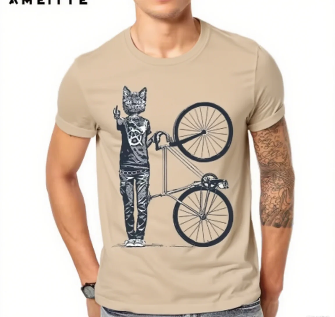 

Bike Cat Themed Cotton T - Shirt Unique Cat Cyclist Art Must - Have for Trend Fans Brand Streetwear Print New Arrival Tee S-4XL