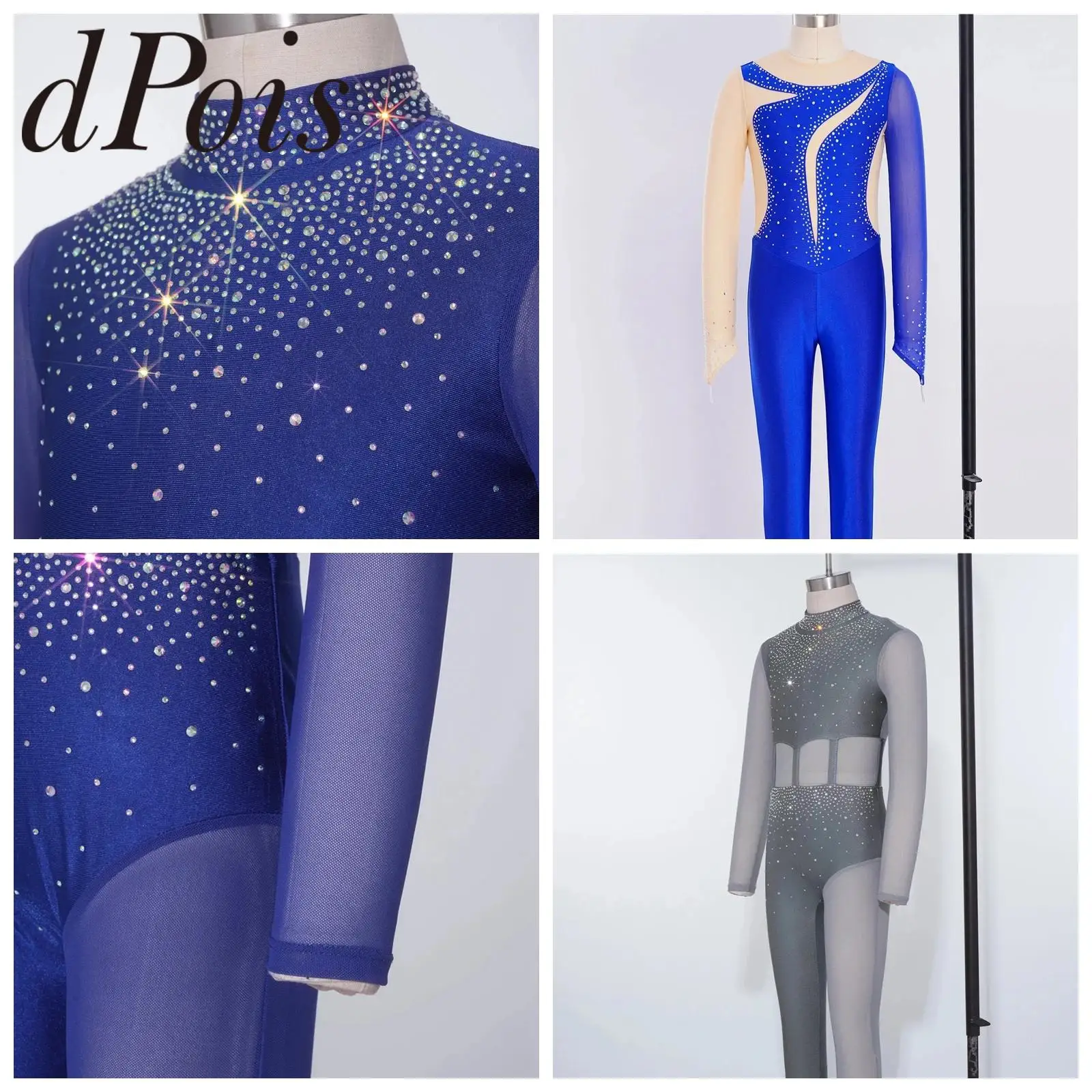 Teens Mesh Patchwork Acrobatics Costumes Shiny Rhinestones Dance Performance Bodysuit Kids Girls Rhythmic Gymnastics Jumpsuit