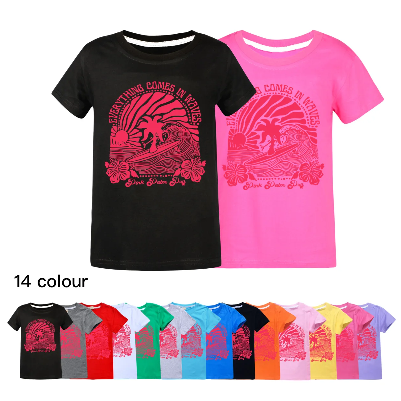 

Pink Palm Puff Short Sleeve Kids Clothing T-Shirts Summer Children Tops Casual Tees Cotton Boys Girls Clothes