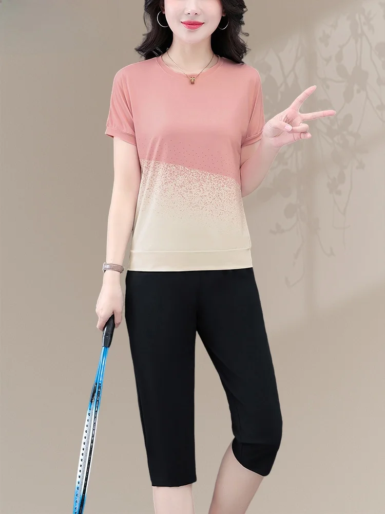 TUCANO Ice Silk Qui Dry Sports Set Women Summer Thin ort Sve Seven Pants Two Piece Set Breathable Comfortable Polyeste...