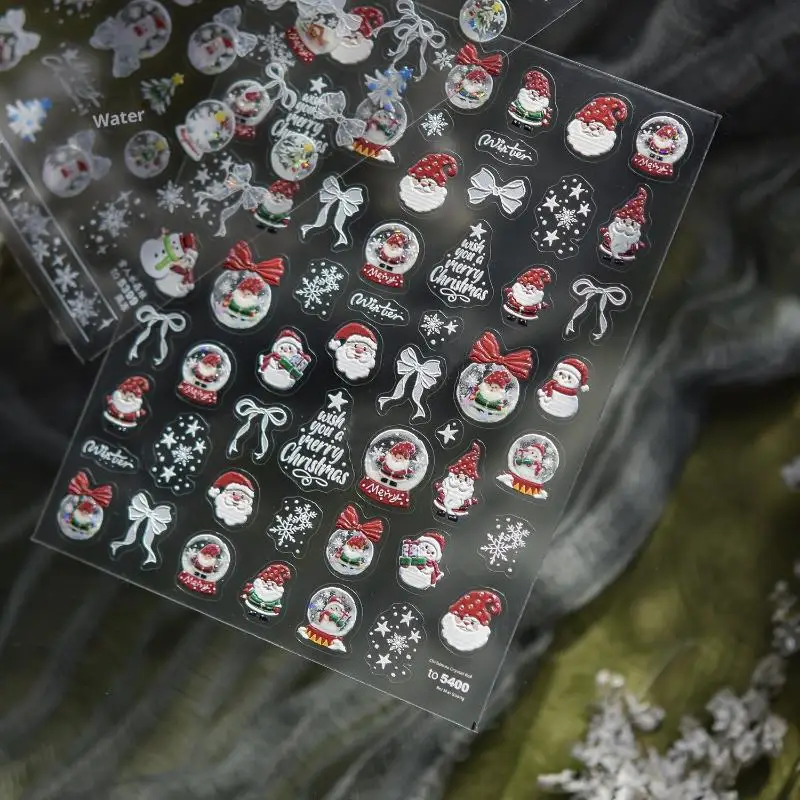 Autocollants de bonhomme de neige de noël pour Nail Art, autocollants d'hiver frais pour ongles, boule de cristal de neige blanche, autocollants d'ornement