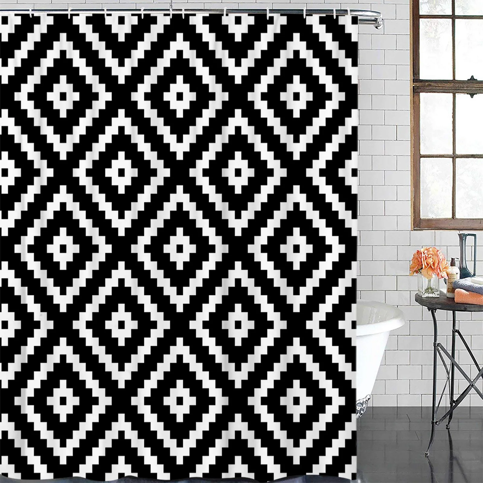 Geometric Square Texture Black White Waterproof Bathroom Decoration Shower Curtain Printed Bathtub Curtains Bathroom Accessories