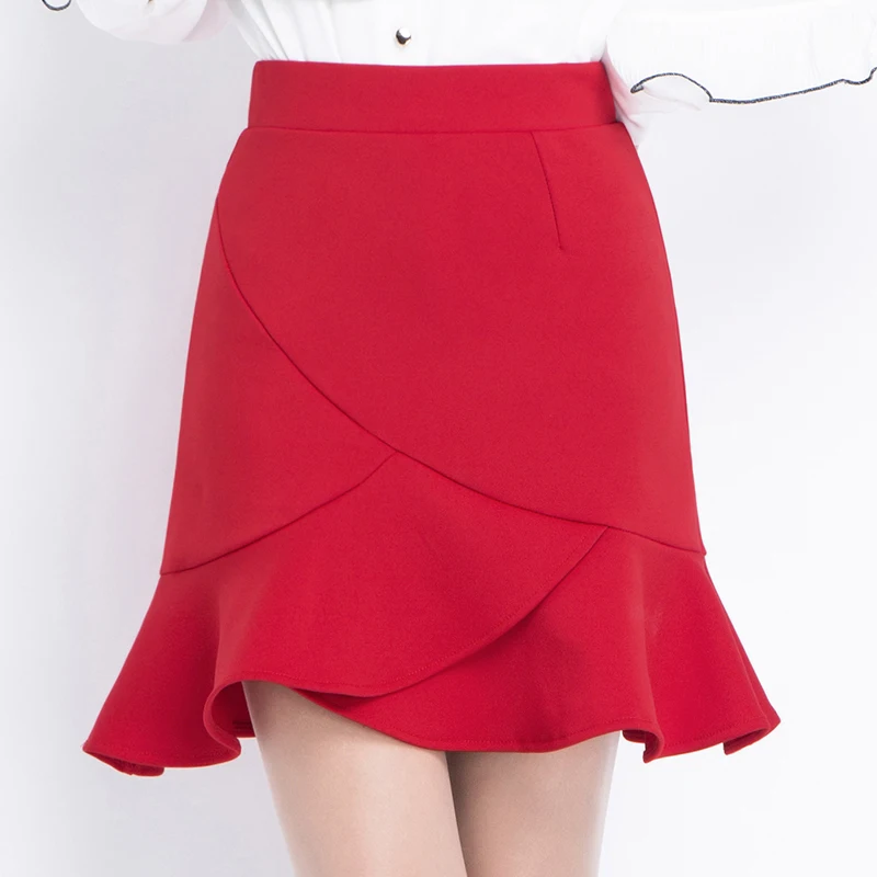 

Women's Knitted Red Korean Short Hip Urban Commuter OL Style High Waist Ruffled Chic Fishtail Skirt