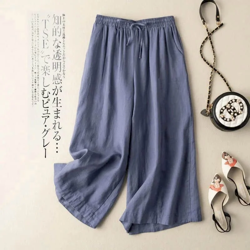 

Straight Pants for Women Solid Loose Casual Vintage Summer Literary Korean Style Elastic Waist Cropped Trousers Wide Leg Pants