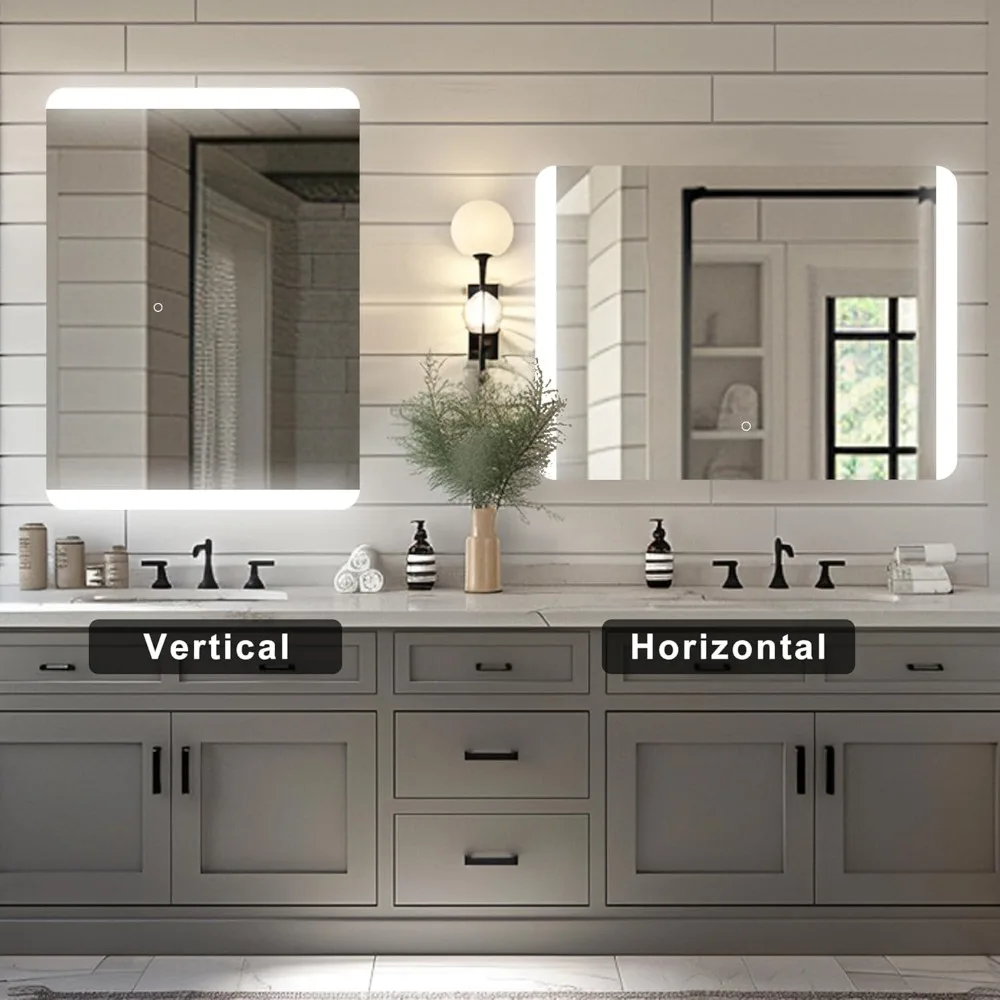 Espejo de baño LED retroiluminado rectangular con esquinas redondeadas, espejo de tocador sin marco regulable e resistente a roturas