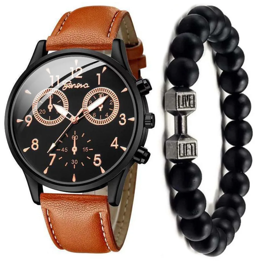 Foreign trade men's watches fashionable versatile quartz business watch set + versatile beaded bracelet