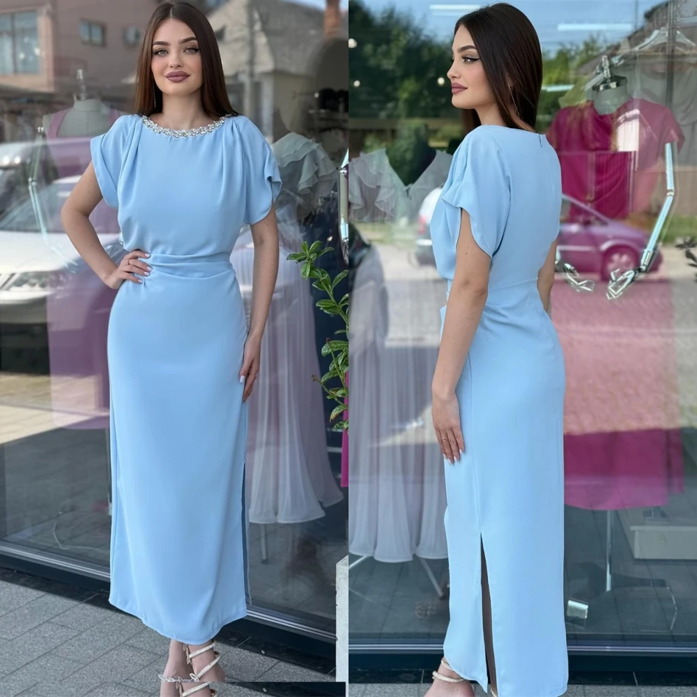 

Customized Simple Jersey O-Neck Evening Dress Graceful Short Sleeves Prom Dress Delicate Beading Bespoke Occasion Gowns