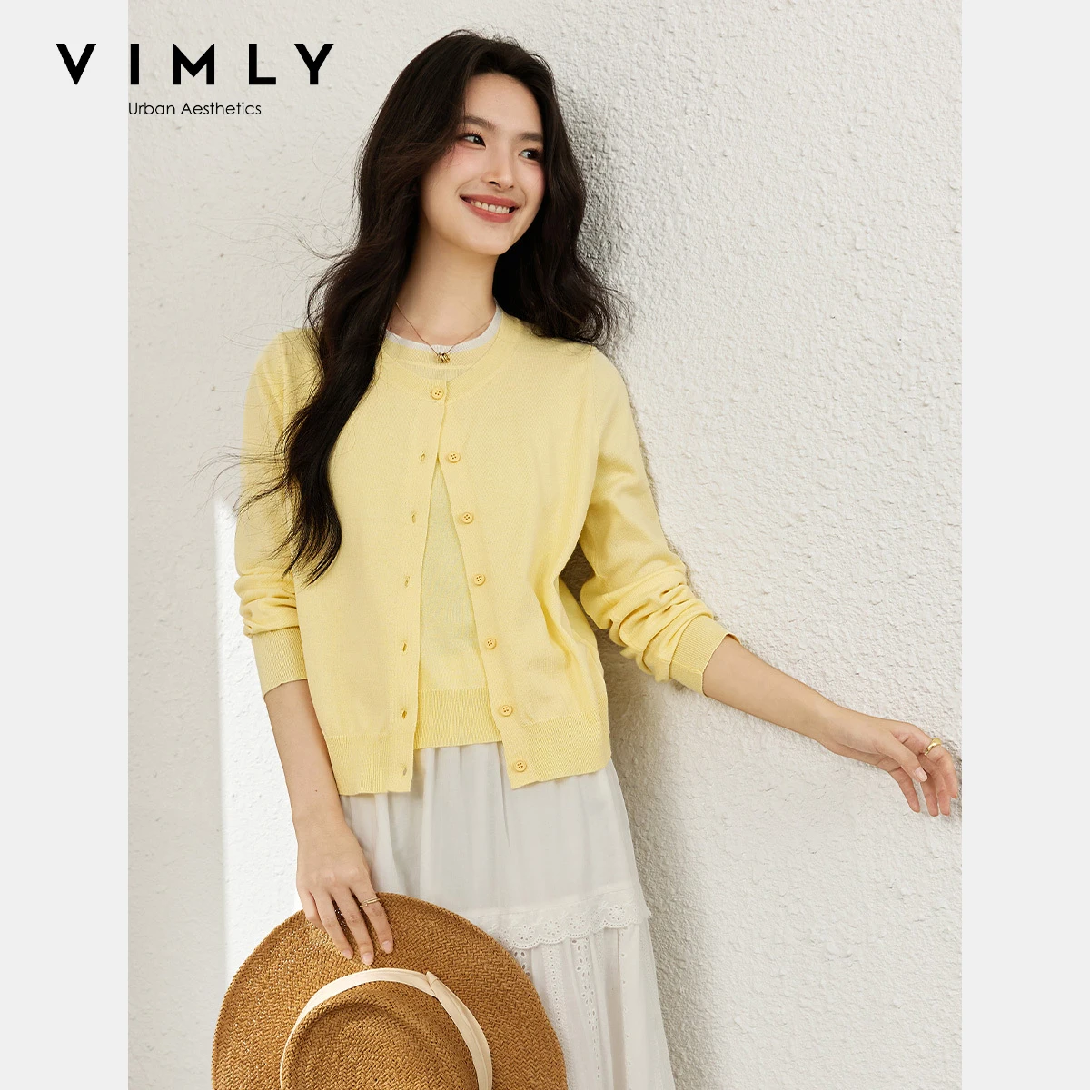 

VIMLY Autumn Pullovers Women 2025 Elegant Fake Two-piece Long Sleeve Button Crew Neck Ladies Knitted Sweater Pulls Femmes 75053
