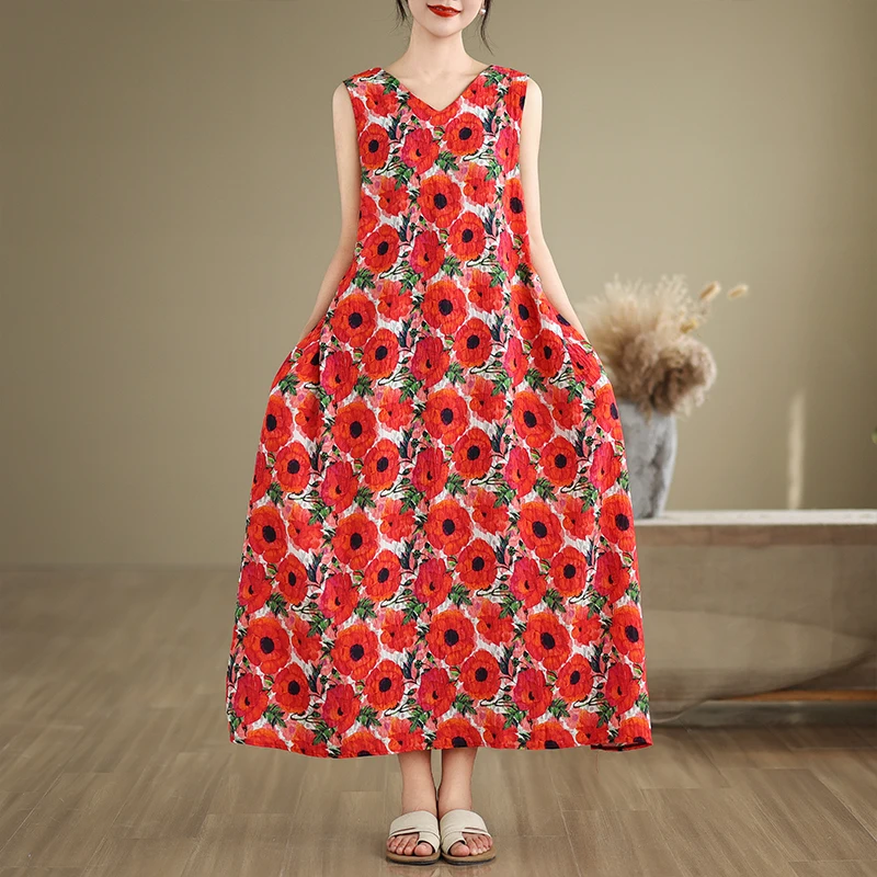 فستان صيفي 2025 مقاس كبير بدون أكمام ورقبة على شكل V، فستان طويل للنساء بتصميم نحيف على طراز السترة، فستان ميدي بطبعة رجعية م...