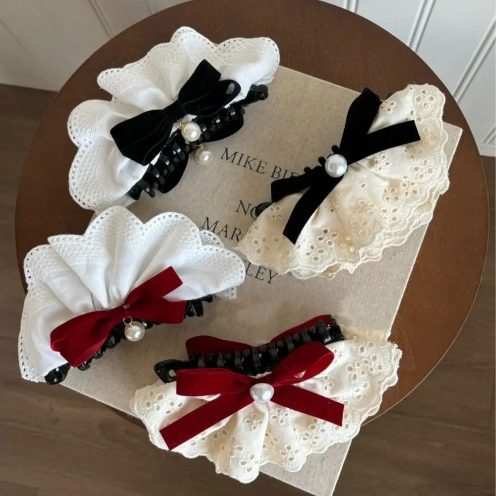

Sweet Cloth Red Velvet Bow Hair Clip Hair Clips Vintage Style Lace Bow Hairpin Korean Style Pearl Bow Vertical Clip Girls