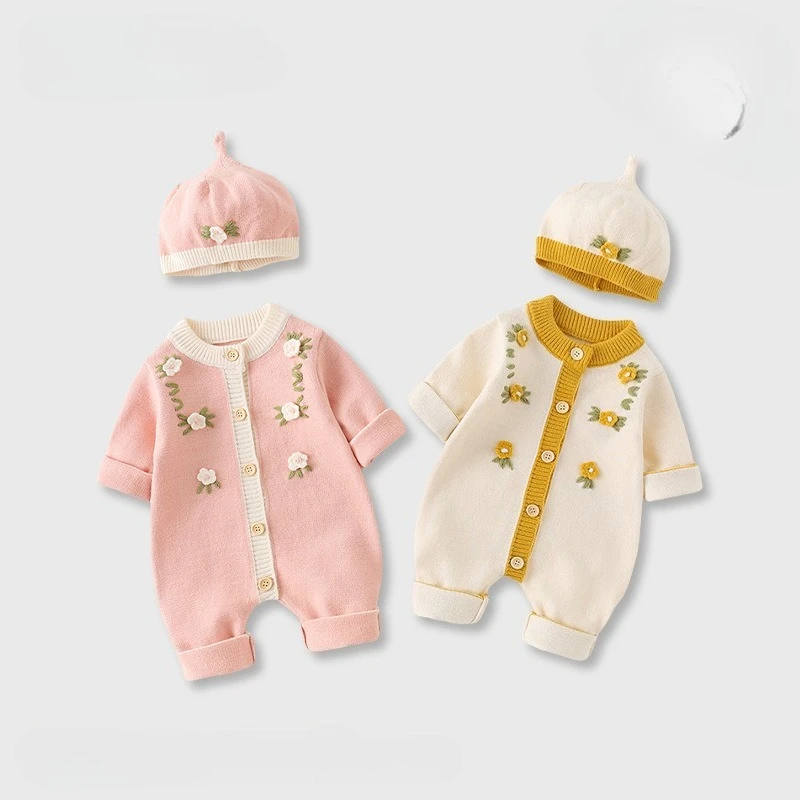 

Комплект одежды для новорожденных девочек, вязаный детский комбинезон с длинными рукавами и цветами, осенний детский костюм
