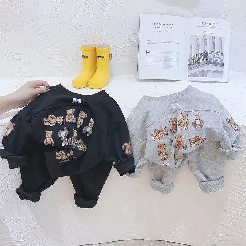 2024 Autumn Girls Boys Cute Cartoon Bear 2pcs Suit Baby Kids Children Casual Clothing Set Including Shirt+ Pant