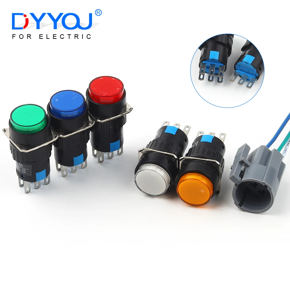 16MM Round 3/6 Pin Push Button Switch With Socket Self-Locking Self-Reset 60-500V Start Up Latching Power Switches Without Light