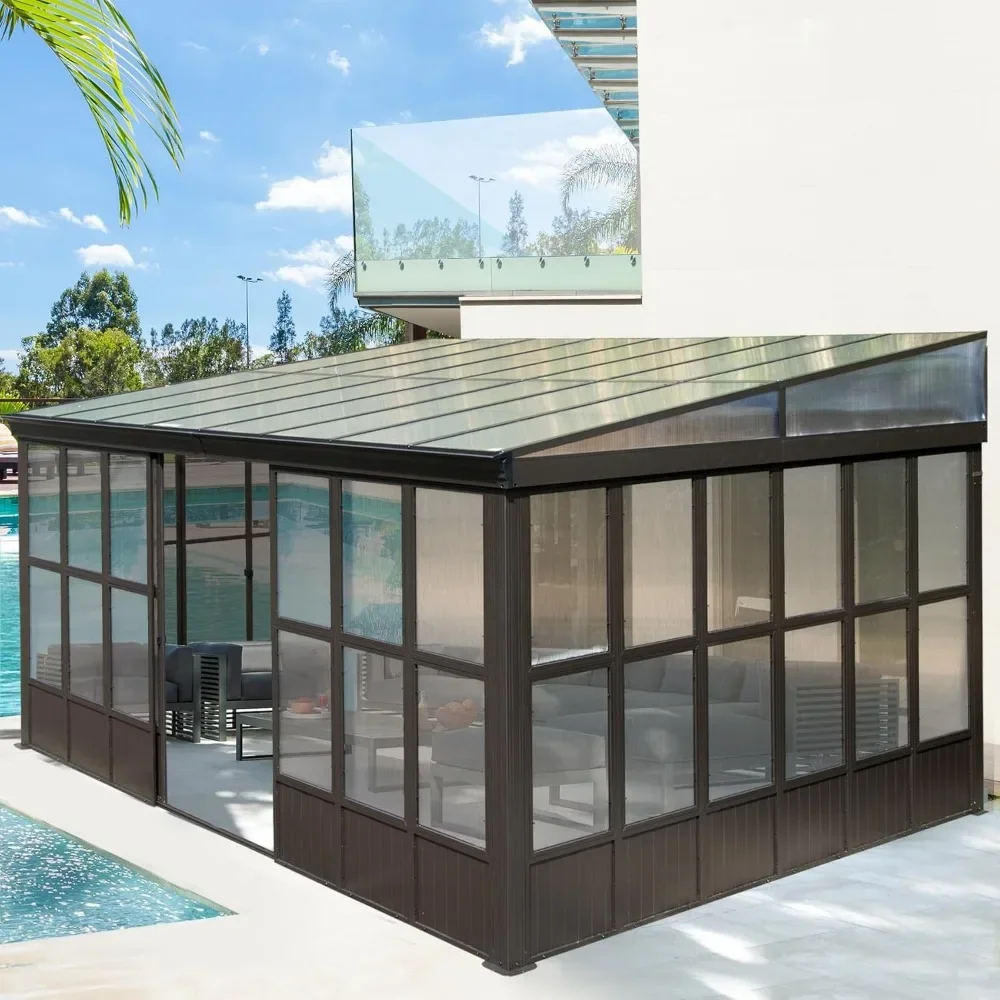 All Season Sunroom, Outdoor Permanent Wall Mounted Solarium with Detachable Polycarbonate Windows, with 2 Lockable Sliding Doors