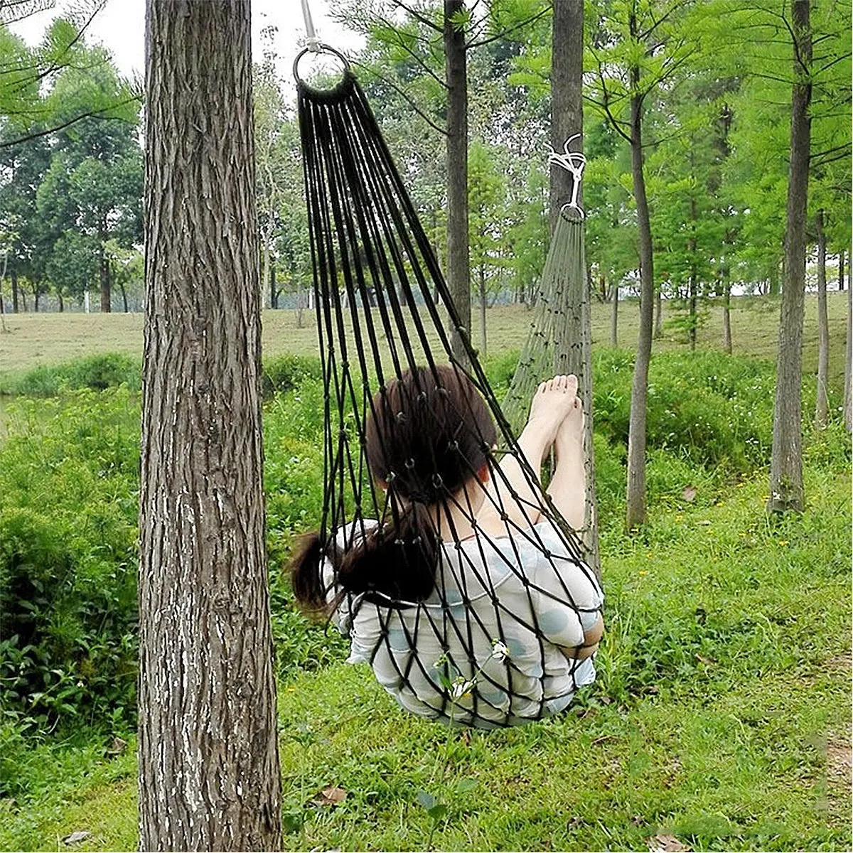 1Pcs Army Green Nylon Rope Hammock Mesh Bed Thickened Portable Outdoor Camping Hiking Sleeping Net Rope Hammock