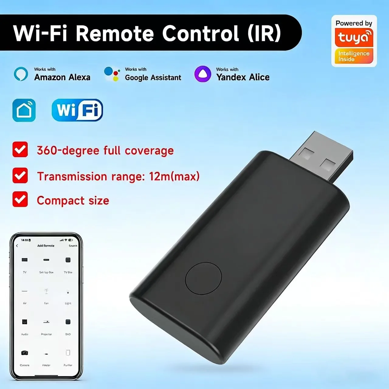 360° Full Coverage WiFi IR Remote Control 12m Max Transmission  USB IR Blaster Tuya Smart Life Adapter Works