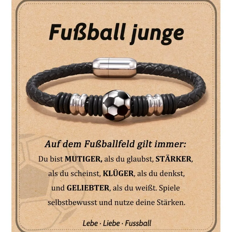 Men's leather bracelet woven leather round rope titanium steel magnetic buckle fan bracelet round leather rope football bracelet