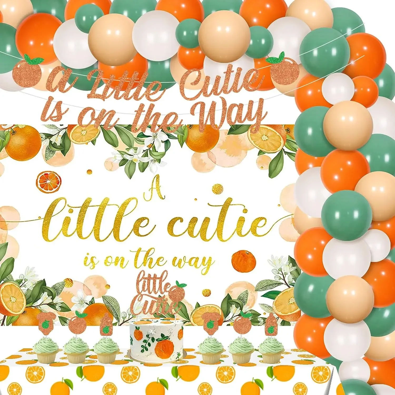 

Little Cutie-Baby Shower Decor, Balloon Garland Kit, Backdrop Tablecloth, Banner, Fruit Orange Tangerine for Girls and Boys