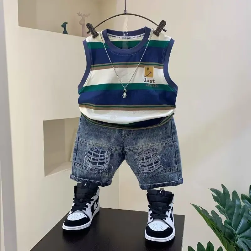 Suit Fashion baby boys T-Shirt + Denim Shorts sets 0-6 Years Old Summer Little Children's girls Clothing suits