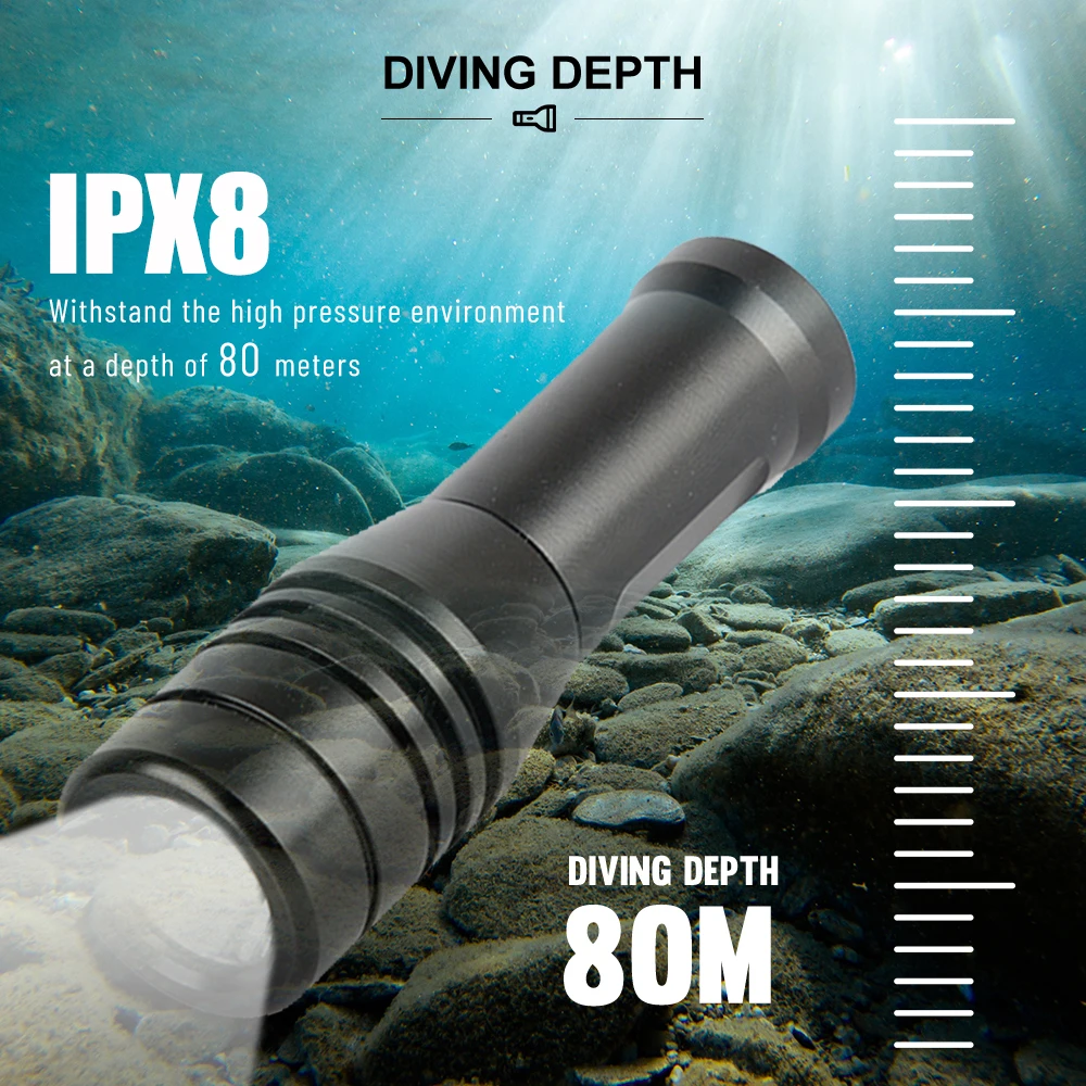 Asafee 80M Underwater L2 LED 800LM Diving Flashlight IPX8 Waterproof Scuba Torch Rotary Switch 1Mode Lantern 14500 Battery