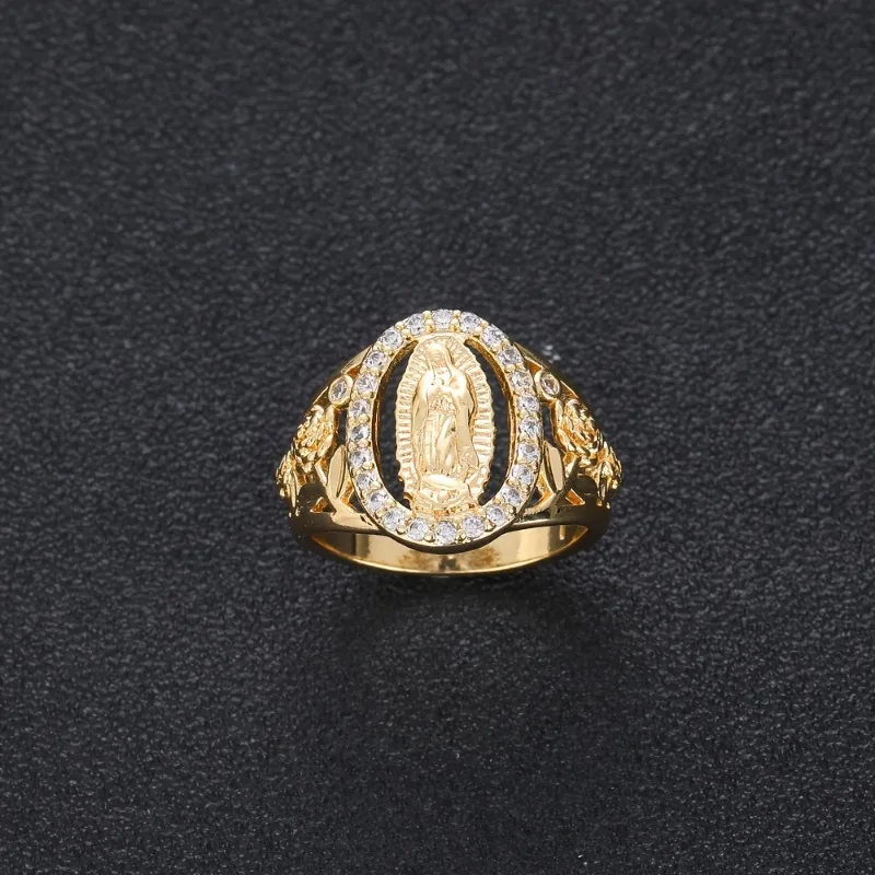 Classic Hip Hop Punk Gold Color Skeleton Flower Oval Mary Portrait Ring Unisex Fashion Party Jewelry Accessories