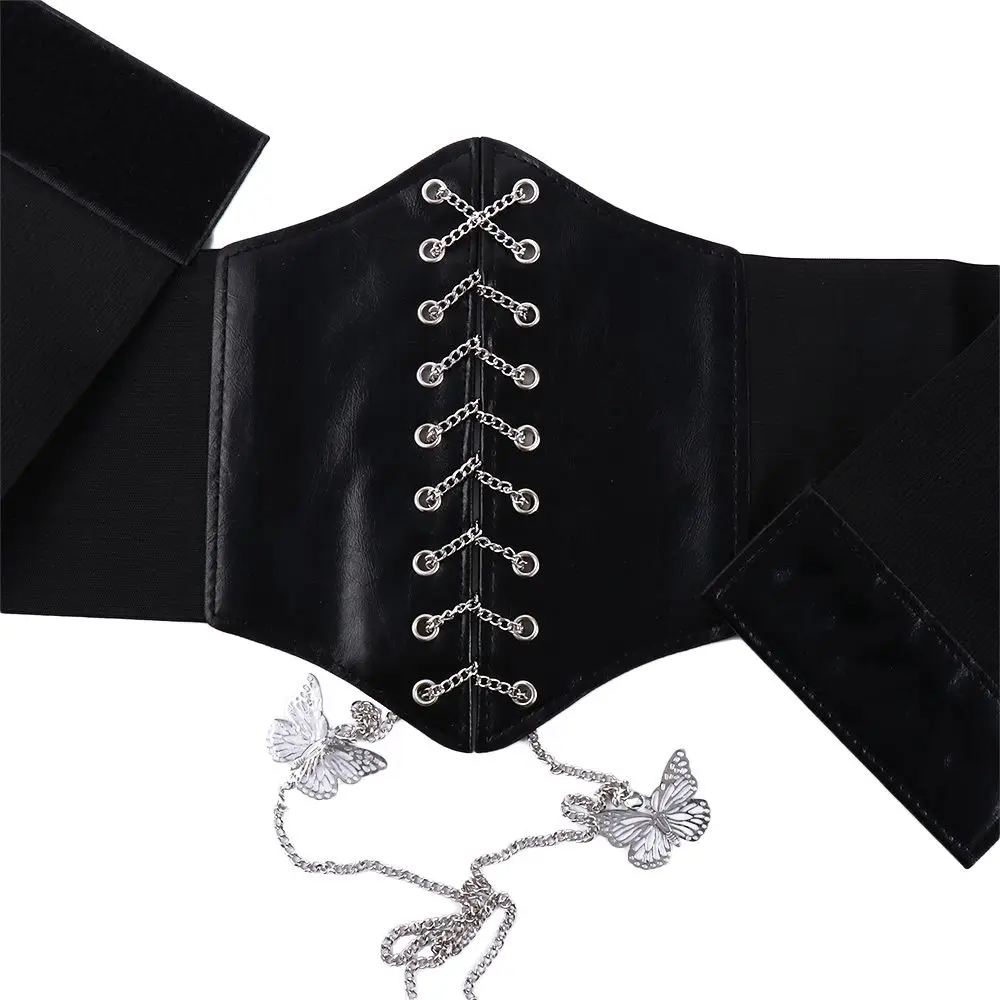 Female Simple Korean PU Leather Dress Corset Female Waistband Waist Belt Butterfly Chain Cummerbunds