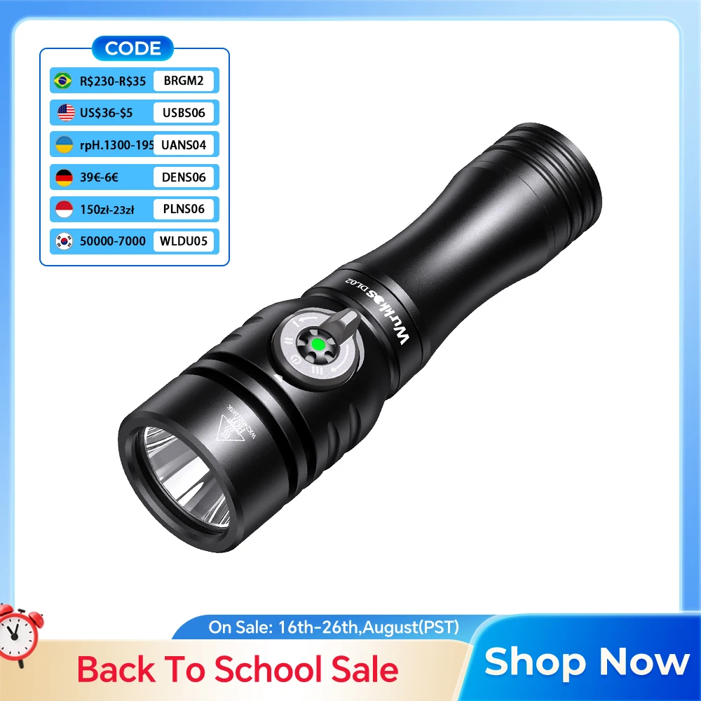 Wurkkos DL02 Diving Flashlight 3000LM 496M Long Range Underwater Flashlight with Rotary Magnetic Switch for Cave Exploration