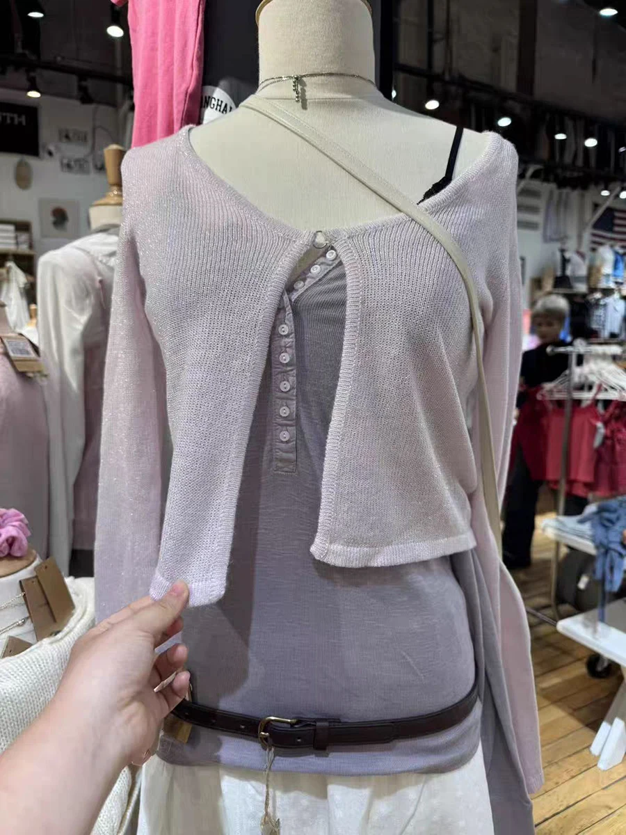 Purple Knitted Long Sleeve T-shirts With Sparkling Threads O-neck Slim Crop Top Woman Autumn Sweet Chic Preppy Style Knitwear
