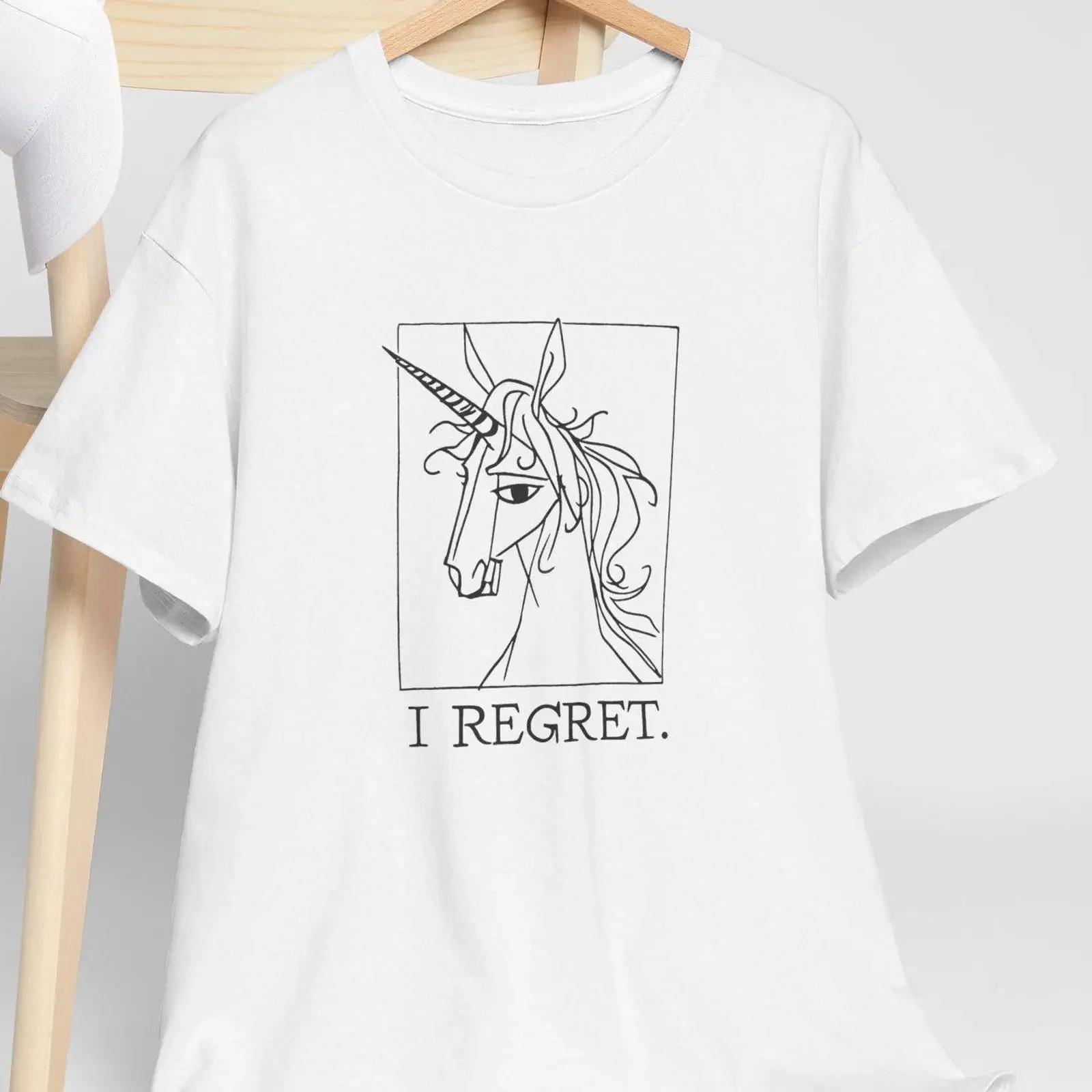 I Regret T Shirt Style of Picasso Last Unicorn Hand Drawn Casual Wear Funny vintage Washed streetwear Top For Everyday Wear
